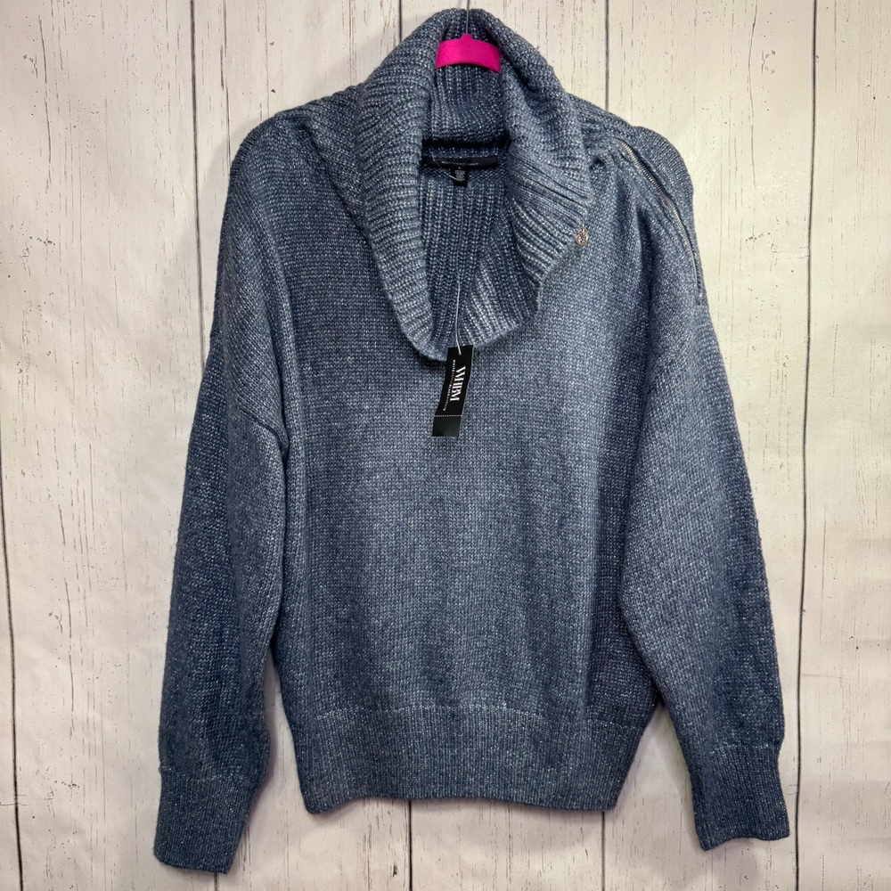 White House Black Market Blue Cozy Metallic Sweater Zip Cowl Neck Pullover